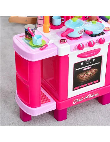 HOMCOM 38 Pcs Kids Children Kitchen Play Set w/ Realistic Sounds Lights Food Utensils Pots Pans Appliances Toy Game Pink