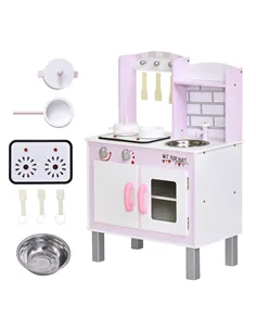 HOMCOM Kids Pretend Kitchen Playset w/ Cooking Toy Accessories - Pink