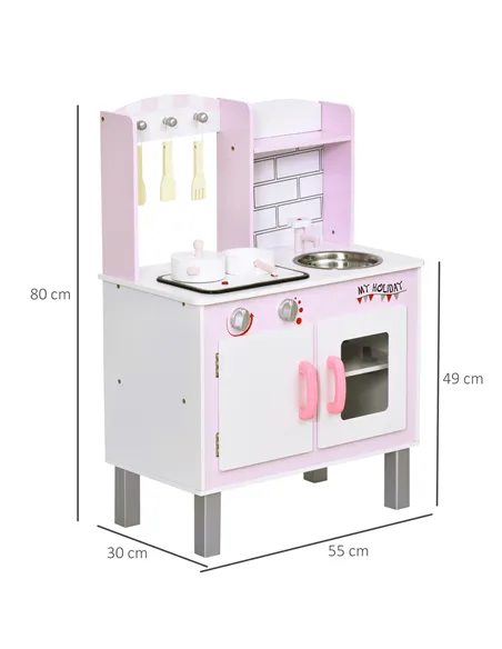 HOMCOM Kids Pretend Kitchen Playset w/ Cooking Toy Accessories - Pink
