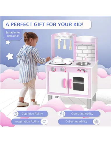 HOMCOM Kids Pretend Kitchen Playset w/ Cooking Toy Accessories - Pink