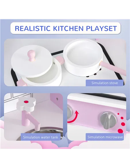 HOMCOM Kids Pretend Kitchen Playset w/ Cooking Toy Accessories - Pink