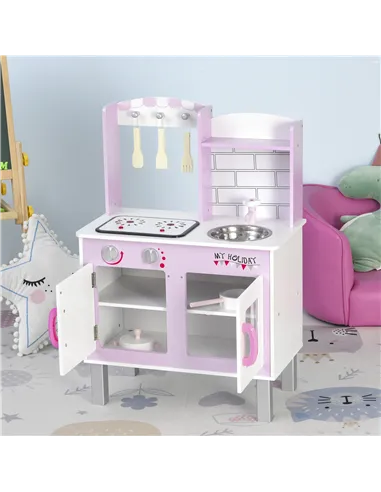 HOMCOM Kids Pretend Kitchen Playset w/ Cooking Toy Accessories - Pink