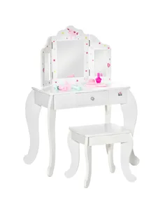 HOMCOM Kids Vanity Table and Chair Set with Tri-Folding Mirror and Stool, Makeup Dressing Table with Drawer, White