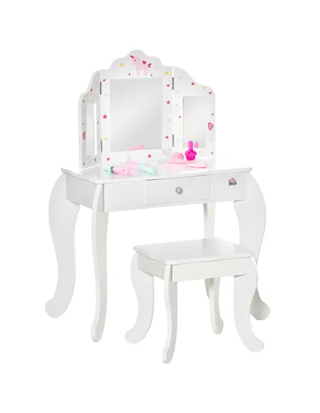HOMCOM Kids Vanity Table and Chair Set with Tri-Folding Mirror and Stool, Makeup Dressing Table with Drawer, White