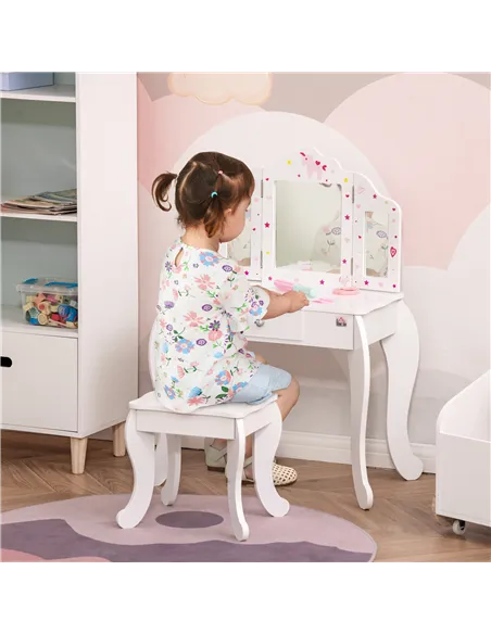 HOMCOM Kids Vanity Table and Chair Set with Tri-Folding Mirror and Stool, Makeup Dressing Table with Drawer, White