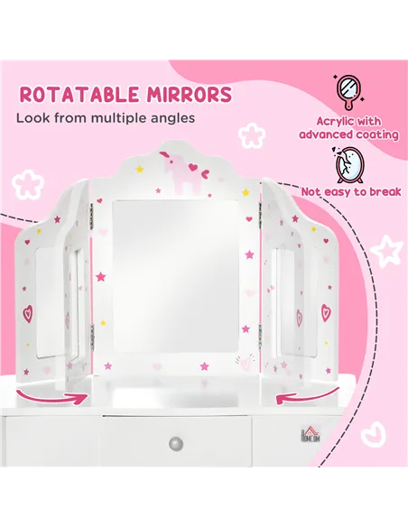 HOMCOM Kids Vanity Table and Chair Set with Tri-Folding Mirror and Stool, Makeup Dressing Table with Drawer, White