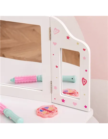 HOMCOM Kids Vanity Table and Chair Set with Tri-Folding Mirror and Stool, Makeup Dressing Table with Drawer, White