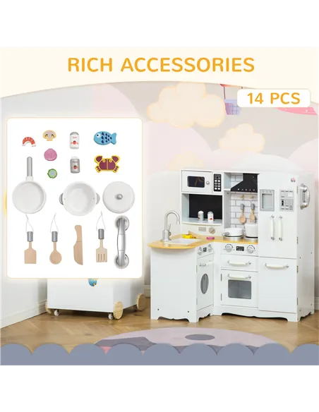 HOMCOM Kids Kitchen Playset, Large Pretend Role Play Kitchen, White