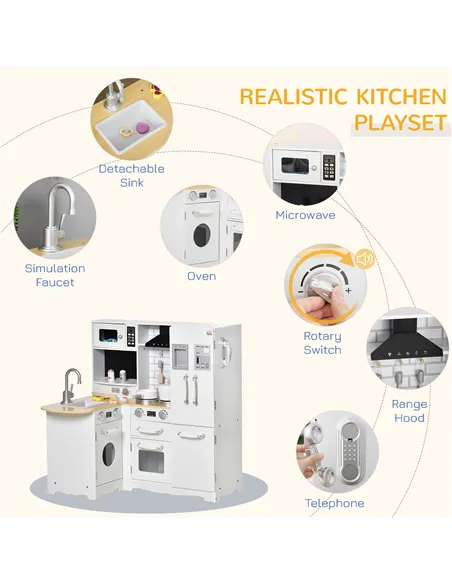 HOMCOM Kids Kitchen Playset, Large Pretend Role Play Kitchen, White
