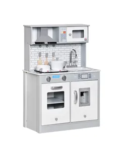 HOMCOM Kids Wooden Toy Kitchen Pretend Play Cooking Playset w/ Sound & Light Effect, Battery Operated Cooktop, Ice Machine, Marb