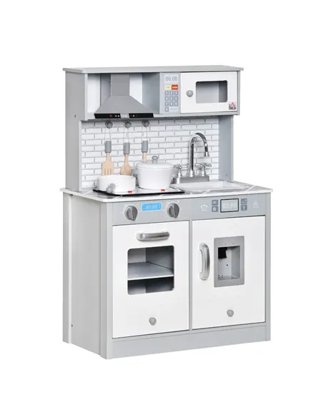 HOMCOM Kids Wooden Toy Kitchen Pretend Play Cooking Playset w/ Sound & Light Effect, Battery Operated Cooktop, Ice Machine, Marb