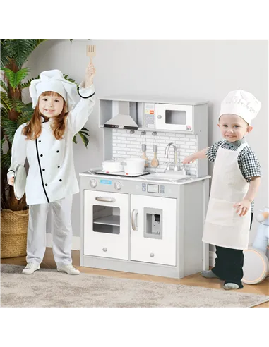 HOMCOM Kids Wooden Toy Kitchen Pretend Play Cooking Playset w/ Sound & Light Effect, Battery Operated Cooktop, Ice Machine, Marb