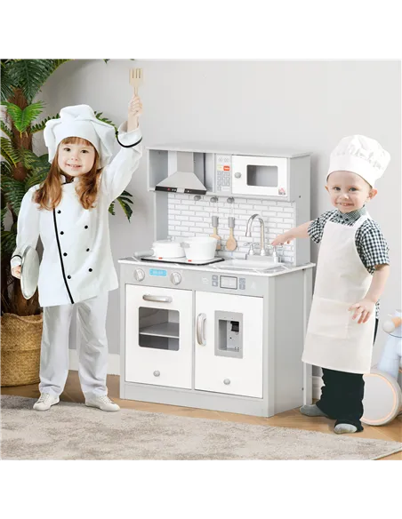 HOMCOM Kids Wooden Toy Kitchen Pretend Play Cooking Playset w/ Sound & Light Effect, Battery Operated Cooktop, Ice Machine, Marb