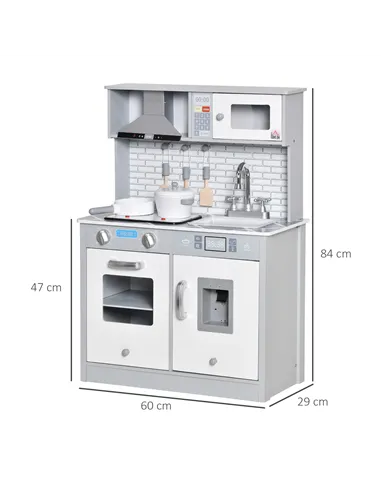 HOMCOM Kids Wooden Toy Kitchen Pretend Play Cooking Playset w/ Sound & Light Effect, Battery Operated Cooktop, Ice Machine, Marb