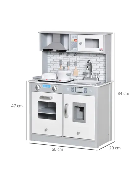 HOMCOM Kids Wooden Toy Kitchen Pretend Play Cooking Playset w/ Sound & Light Effect, Battery Operated Cooktop, Ice Machine, Marb