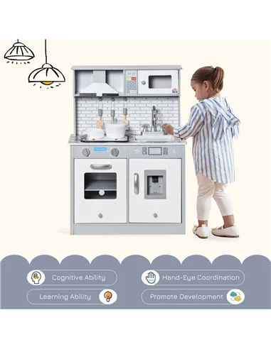 HOMCOM Kids Wooden Toy Kitchen Pretend Play Cooking Playset w/ Sound & Light Effect, Battery Operated Cooktop, Ice Machine, Marb