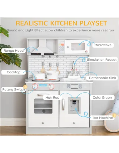 HOMCOM Kids Wooden Toy Kitchen Pretend Play Cooking Playset w/ Sound & Light Effect, Battery Operated Cooktop, Ice Machine, Marb