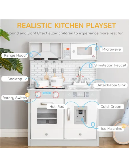 HOMCOM Kids Wooden Toy Kitchen Pretend Play Cooking Playset w/ Sound & Light Effect, Battery Operated Cooktop, Ice Machine, Marb