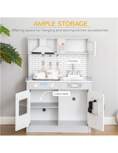 HOMCOM Kids Wooden Toy Kitchen Pretend Play Cooking Playset w/ Sound & Light Effect, Battery Operated Cooktop, Ice Machine, Marb