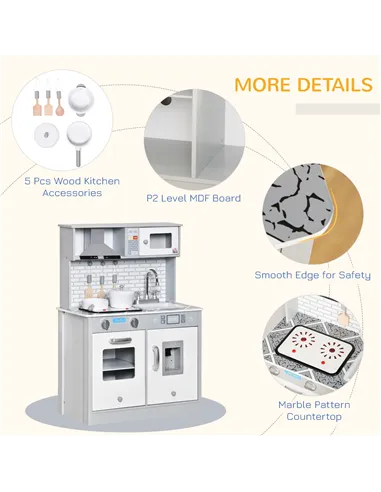 HOMCOM Kids Wooden Toy Kitchen Pretend Play Cooking Playset w/ Sound & Light Effect, Battery Operated Cooktop, Ice Machine, Marb