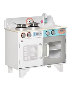 HOMCOM Kids Wooden Play Kitchen Toy Cooking Set Pretend Role Playset, with, Cooking Bench, Stainless Steel Pot for 3-6 Years
