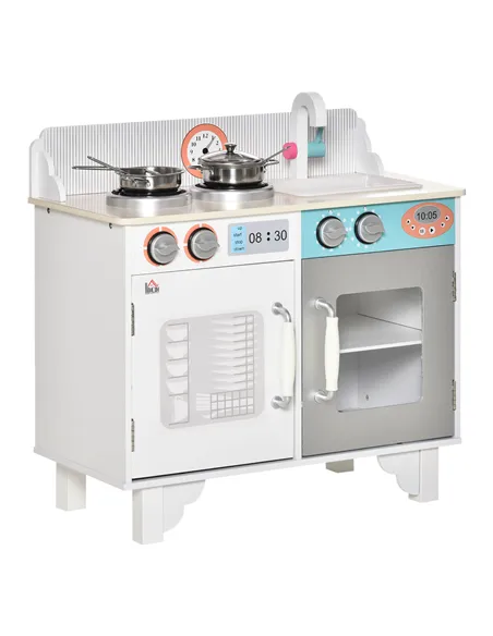 HOMCOM Kids Wooden Play Kitchen Toy Cooking Set Pretend Role Playset, with, Cooking Bench, Stainless Steel Pot for 3-6 Years
