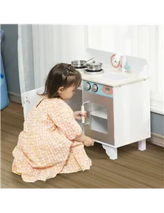 HOMCOM Kids Wooden Play Kitchen Toy Cooking Set Pretend Role Playset, with, Cooking Bench, Stainless Steel Pot for 3-6 Years 2