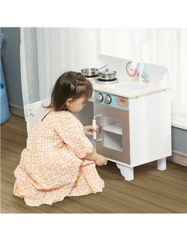 HOMCOM Kids Wooden Play Kitchen Toy Cooking Set Pretend Role Playset, with, Cooking Bench, Stainless Steel Pot for 3-6 Years