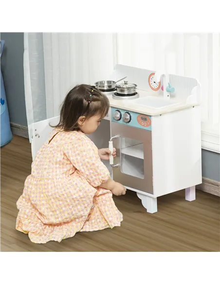 HOMCOM Kids Wooden Play Kitchen Toy Cooking Set Pretend Role Playset, with, Cooking Bench, Stainless Steel Pot for 3-6 Years