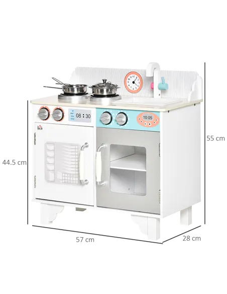 HOMCOM Kids Wooden Play Kitchen Toy Cooking Set Pretend Role Playset, with, Cooking Bench, Stainless Steel Pot for 3-6 Years