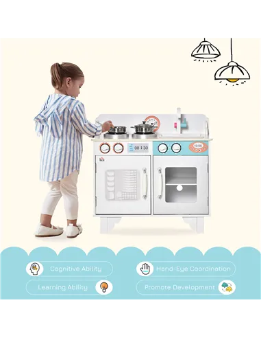 HOMCOM Kids Wooden Play Kitchen Toy Cooking Set Pretend Role Playset, with, Cooking Bench, Stainless Steel Pot for 3-6 Years