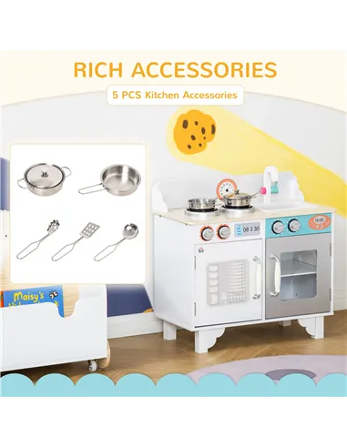 HOMCOM Kids Wooden Play Kitchen Toy Cooking Set Pretend Role Playset, with, Cooking Bench, Stainless Steel Pot for 3-6 Years