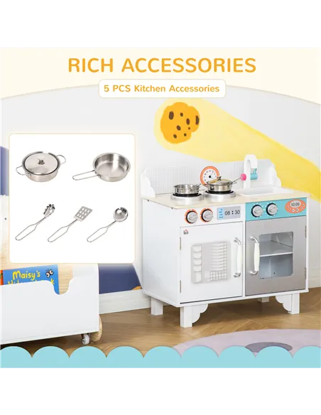 HOMCOM Kids Wooden Play Kitchen Toy Cooking Set Pretend Role Playset, with, Cooking Bench, Stainless Steel Pot for 3-6 Years