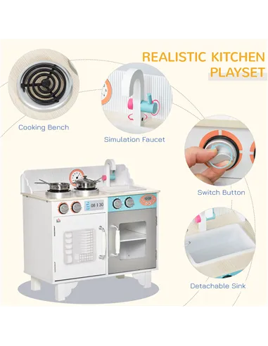 HOMCOM Kids Wooden Play Kitchen Toy Cooking Set Pretend Role Playset, with, Cooking Bench, Stainless Steel Pot for 3-6 Years