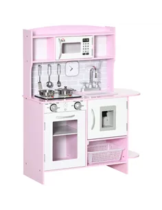 HOMCOM Kids Kitchen Playset, with Lights, Sounds, Microwave, Sink and Storage - Pink