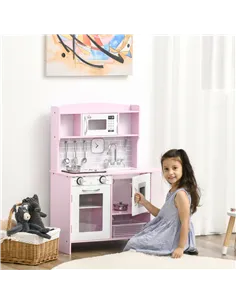 HOMCOM Kids Kitchen Playset, with Lights, Sounds, Microwave, Sink and Storage - Pink 2