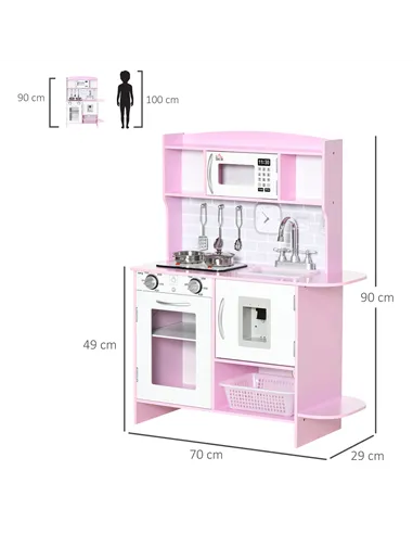 HOMCOM Kids Kitchen Playset, with Lights, Sounds, Microwave, Sink and Storage - Pink