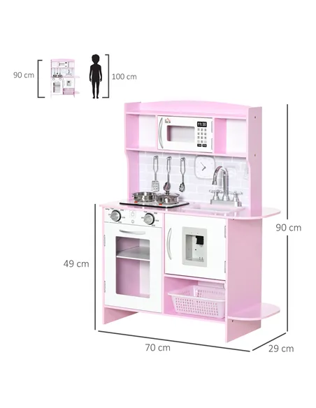 HOMCOM Kids Kitchen Playset, with Lights, Sounds, Microwave, Sink and Storage - Pink