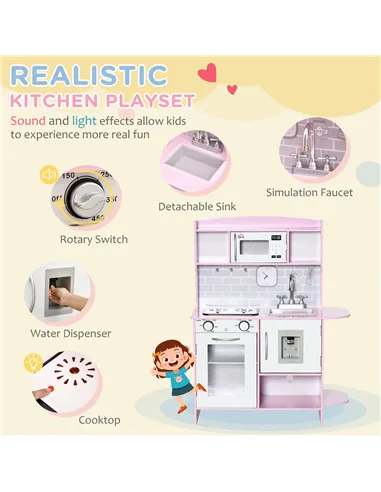 HOMCOM Kids Kitchen Playset, with Lights, Sounds, Microwave, Sink and Storage - Pink