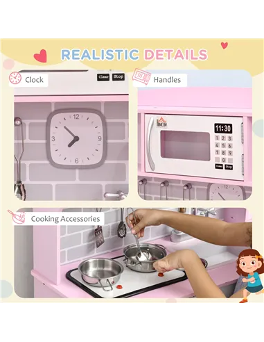 HOMCOM Kids Kitchen Playset, with Lights, Sounds, Microwave, Sink and Storage - Pink