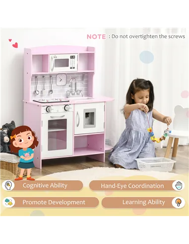 HOMCOM Kids Kitchen Playset, with Lights, Sounds, Microwave, Sink and Storage - Pink