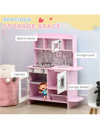 HOMCOM Kids Kitchen Playset, with Lights, Sounds, Microwave, Sink and Storage - Pink