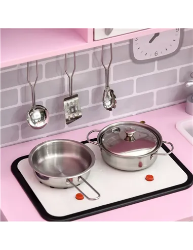 HOMCOM Kids Kitchen Playset, with Lights, Sounds, Microwave, Sink and Storage - Pink