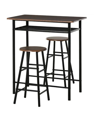 HOMCOM Bar Table Set, Bar Table and Stools Set, Footrest and Storage Shelf, for Kitchen, Dining Room, Pub, Cafe, Black and Oak