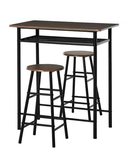 HOMCOM Bar Table Set, Bar Table and Stools Set, Footrest and Storage Shelf, for Kitchen, Dining Room, Pub, Cafe, Black and Oak