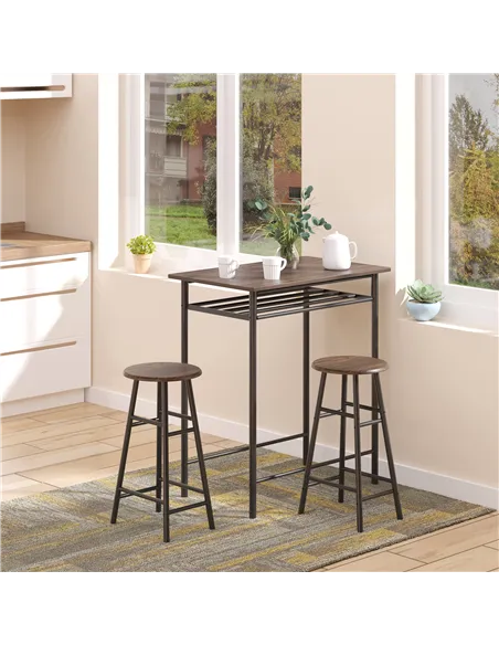 HOMCOM Bar Table Set, Bar Table and Stools Set, Footrest and Storage Shelf, for Kitchen, Dining Room, Pub, Cafe, Black and Oak