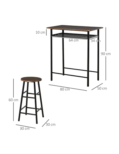 HOMCOM Bar Table Set, Bar Table and Stools Set, Footrest and Storage Shelf, for Kitchen, Dining Room, Pub, Cafe, Black and Oak