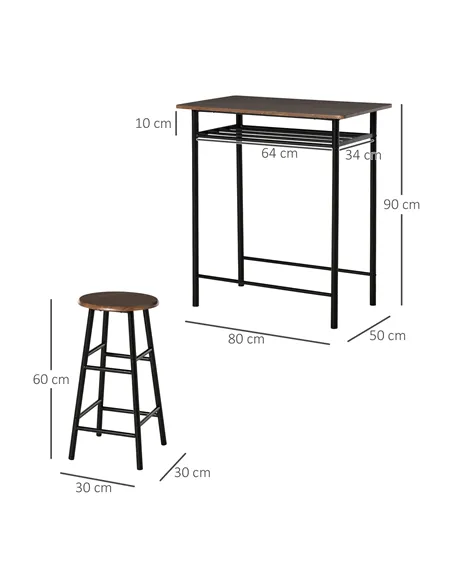 HOMCOM Bar Table Set, Bar Table and Stools Set, Footrest and Storage Shelf, for Kitchen, Dining Room, Pub, Cafe, Black and Oak