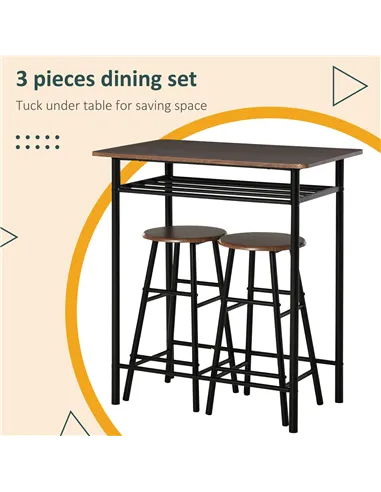 HOMCOM Bar Table Set, Bar Table and Stools Set, Footrest and Storage Shelf, for Kitchen, Dining Room, Pub, Cafe, Black and Oak