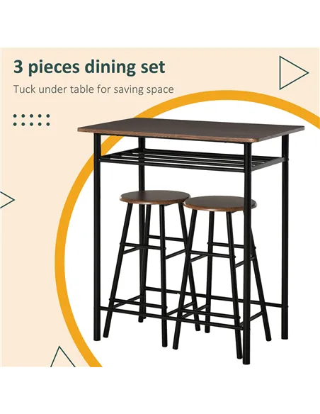 HOMCOM Bar Table Set, Bar Table and Stools Set, Footrest and Storage Shelf, for Kitchen, Dining Room, Pub, Cafe, Black and Oak
